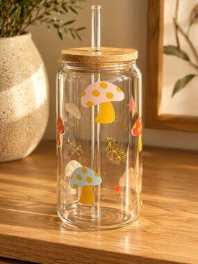 NEW MUSHROOM design cold coffee glass cup with glass straw, and bamboo lid 16 oz